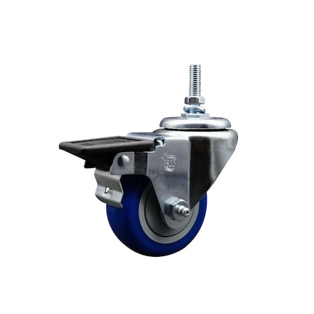 Service Caster 3 Inch Blue Polyurethane 38 Inch Threaded Stem Caster with Brake SCC-TS20S314-PPUB-BLUE-PLB-381615